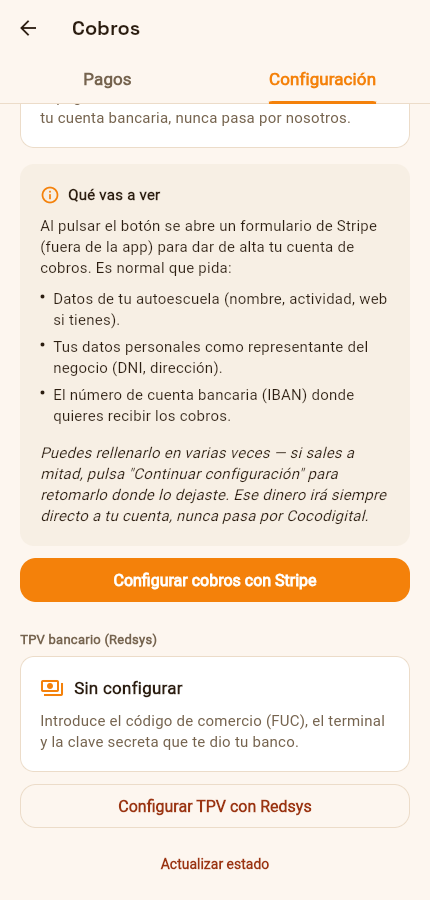 Pantalla real de la app: configurar el TPV Virtual con Redsys
