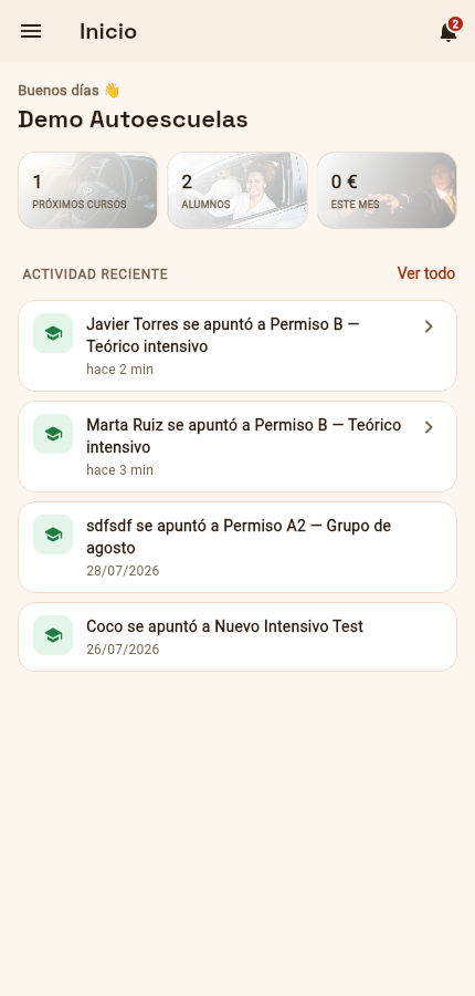 Pantalla real de la app: inicio con aviso de nuevas inscripciones