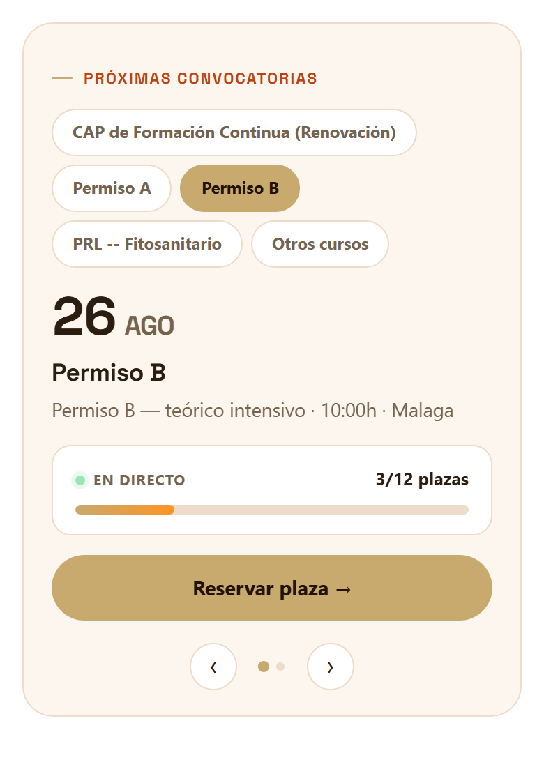Widget real de cursos, estilo En directo: Permiso B, Teórico Intensivo, 26 de agosto, en directo